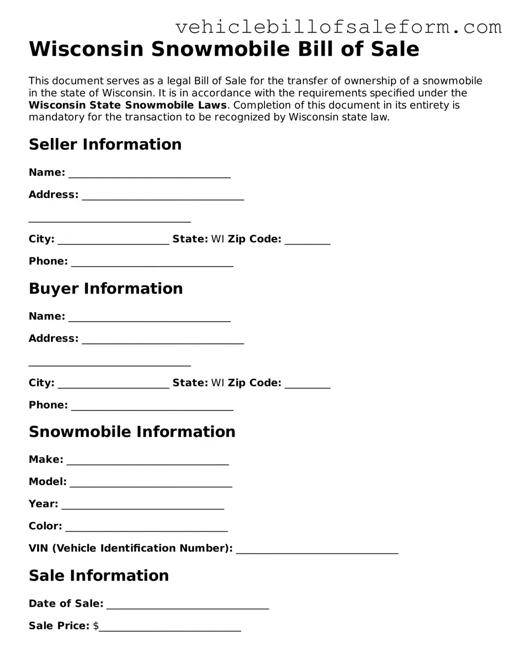 Printable  Snowmobile Bill of Sale Template for Wisconsin