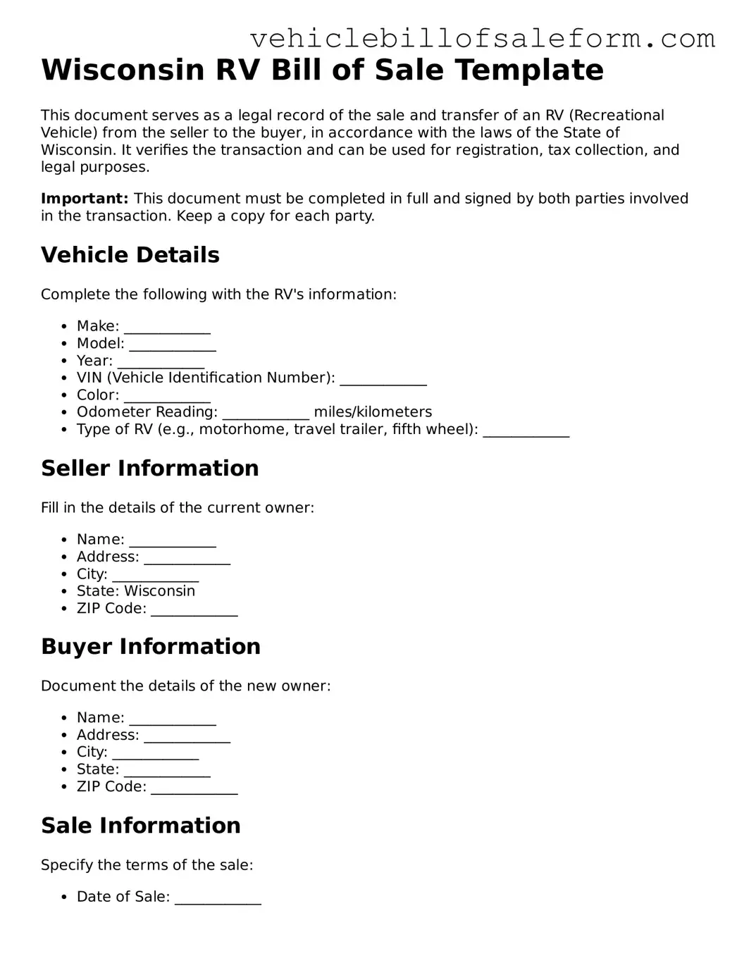 Printable  RV Bill of Sale Template for Wisconsin