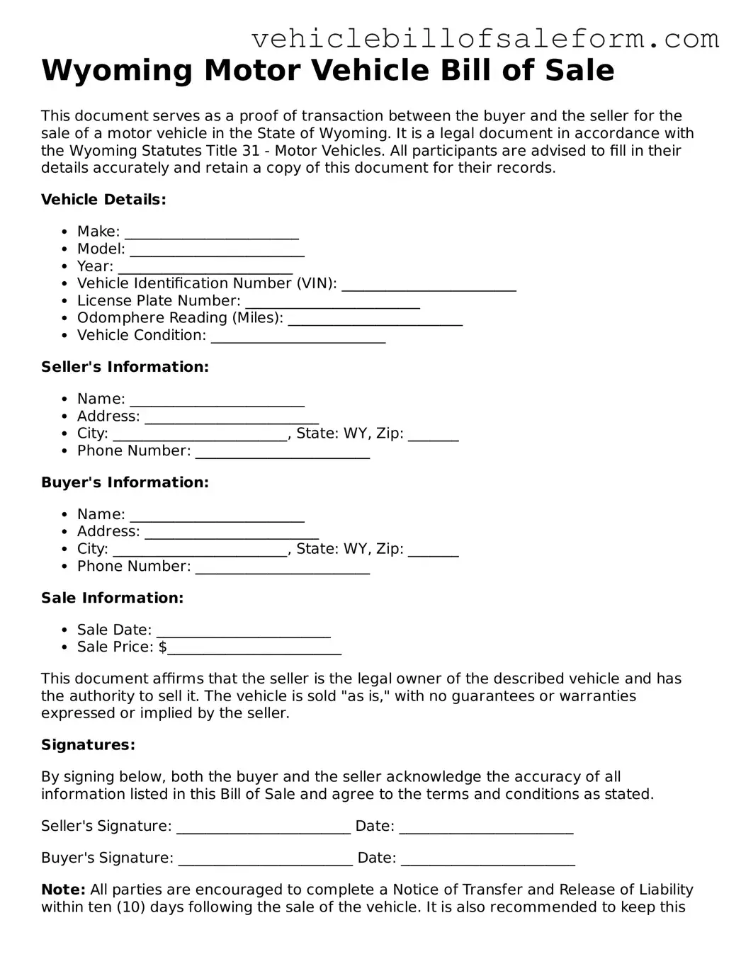 Printable  Motor Vehicle Bill of Sale Template for Wyoming