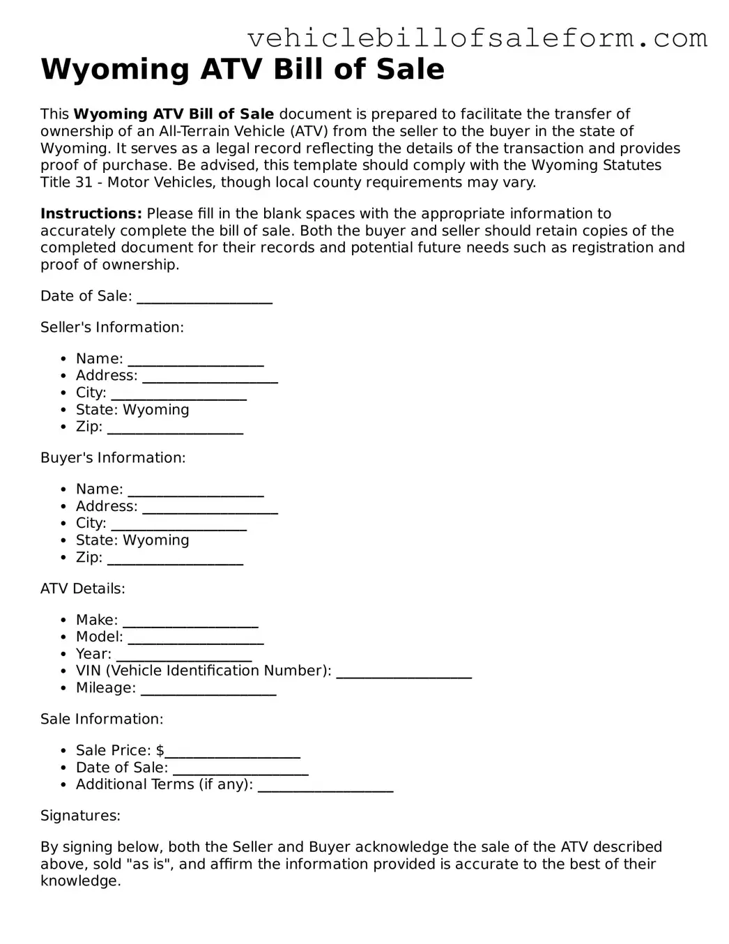 Printable  ATV Bill of Sale Template for Wyoming