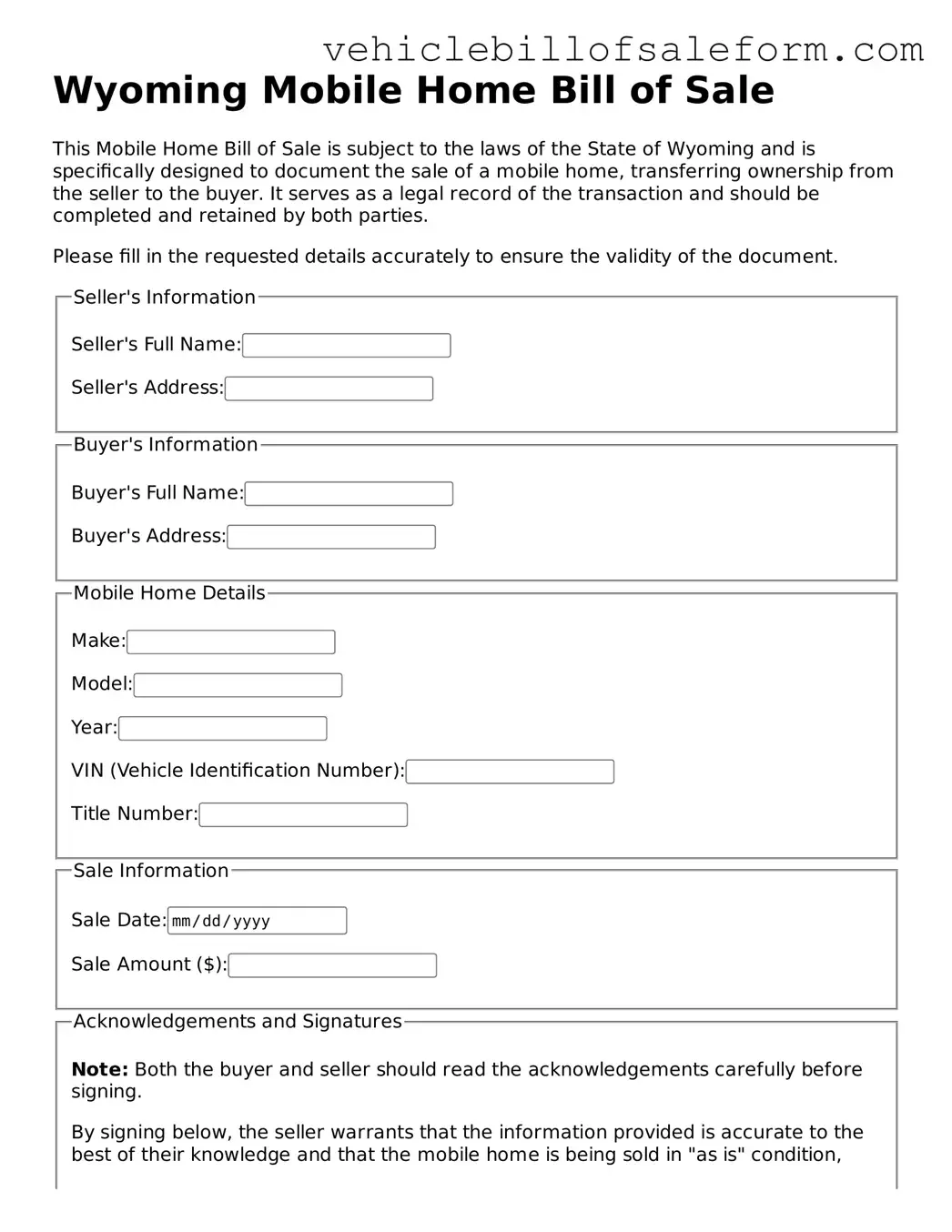 Printable  Mobile Home Bill of Sale Template for Wyoming