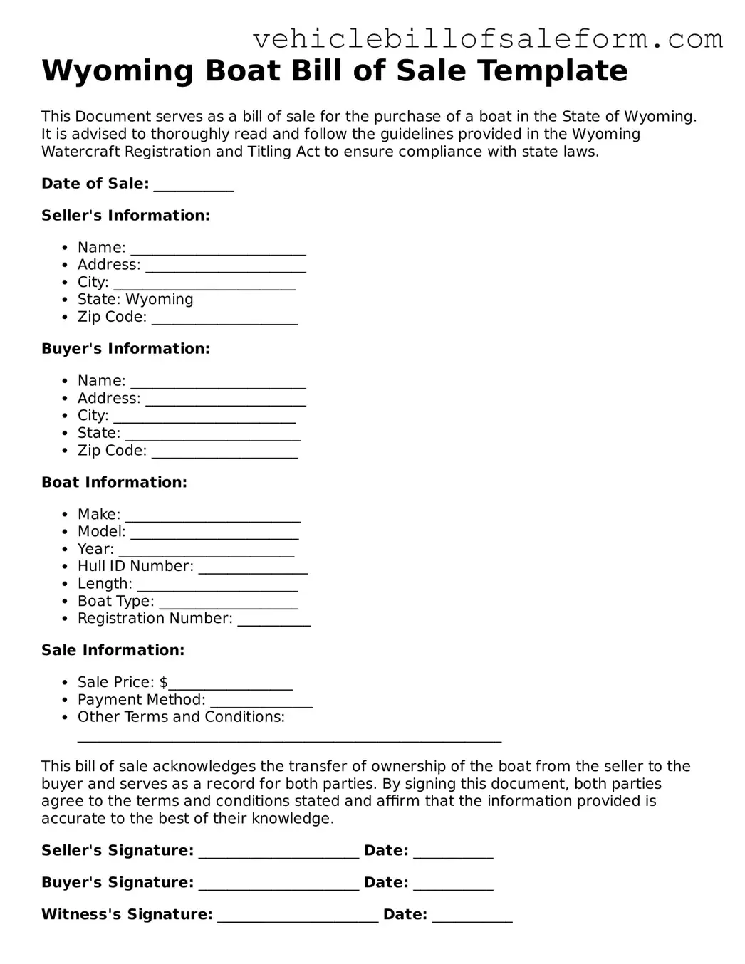 Printable  Boat Bill of Sale Template for Wyoming