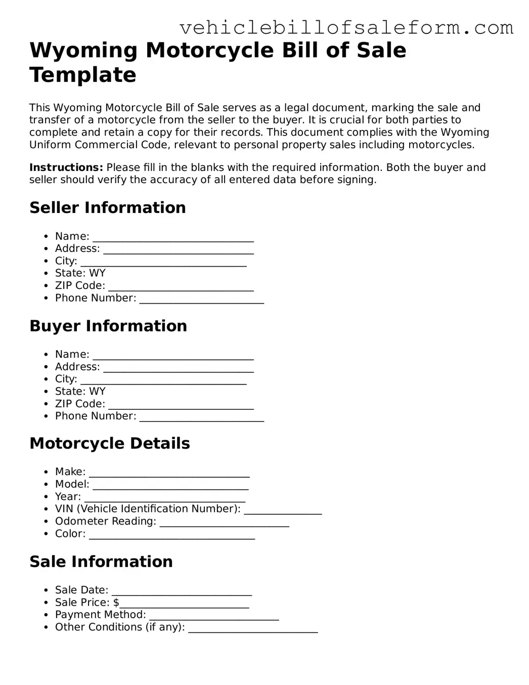 Printable  Motorcycle Bill of Sale Template for Wyoming