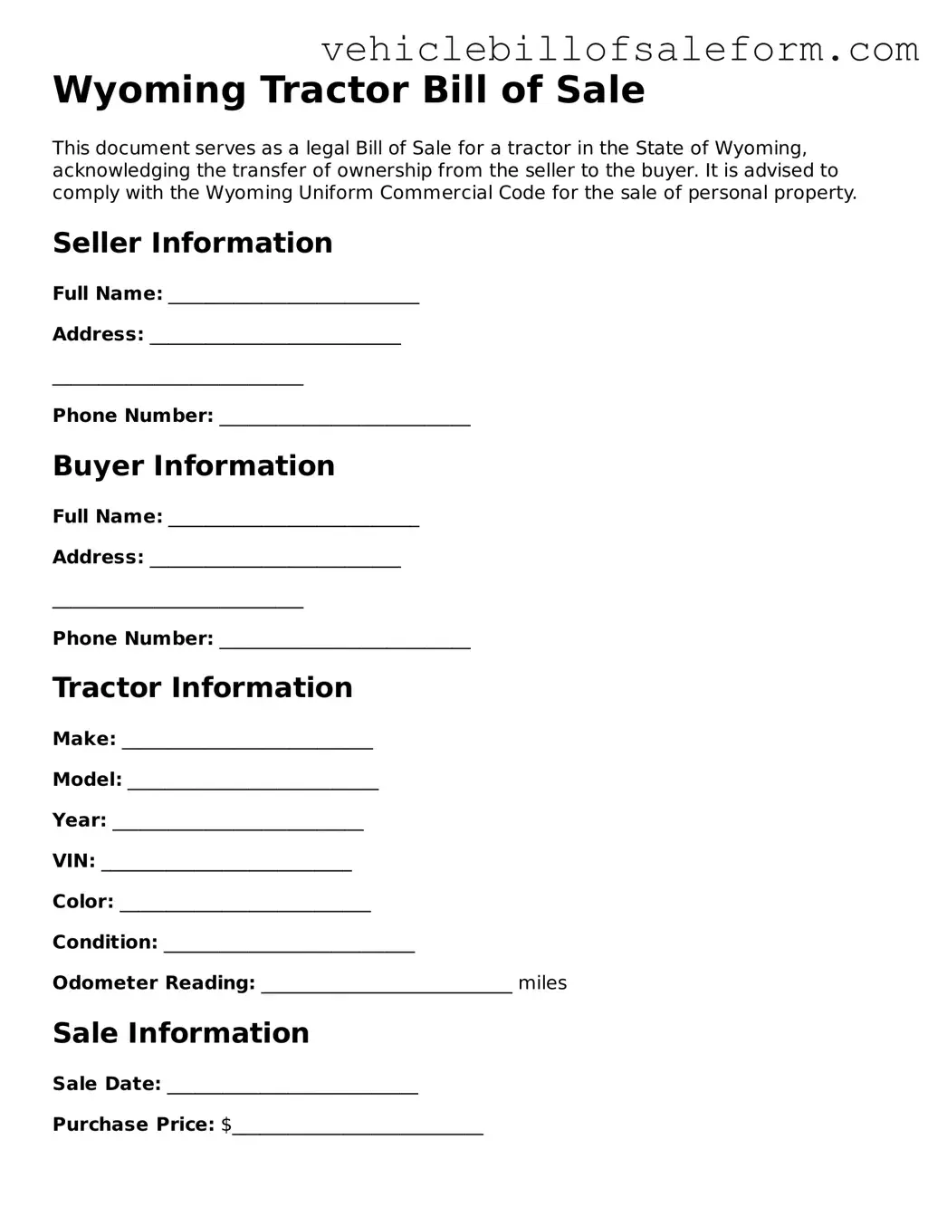 Printable  Tractor Bill of Sale Template for Wyoming